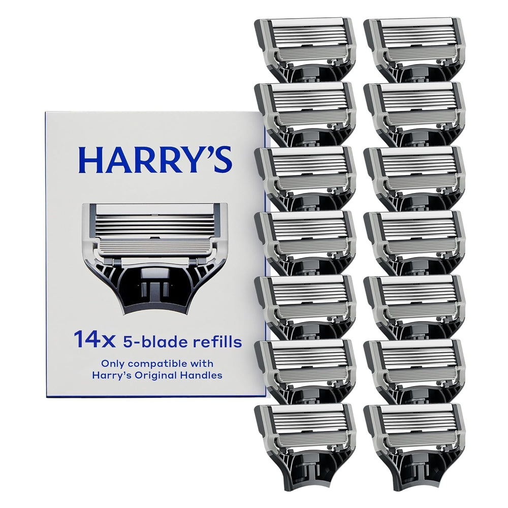 Harry's front packaging showing 14 refill cartridges and brand clarity benefit