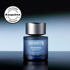Harry's Moonrise packaging label close-up highlighting scent notes and quality