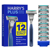 Harry's metal Plus handle and nine cartridges shown, offering durable control