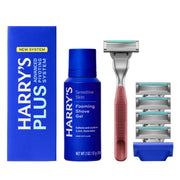 Harry's Plus kit front packaging showing complete set and clear benefits