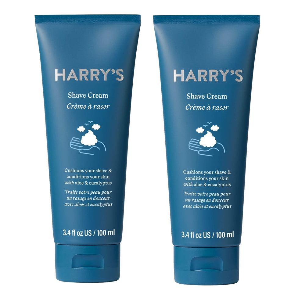 Harry's front packaging showing two tubes and eucalyptus scent, highlights value and freshness