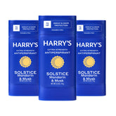 Harry's Solstice front packaging showing three 2.5oz sticks and scent branding for reliable protection
