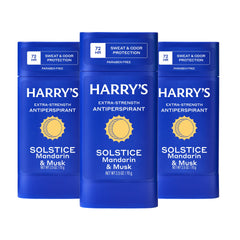 Harry's Solstice front packaging showing three 2.5oz sticks and scent branding for reliable protection