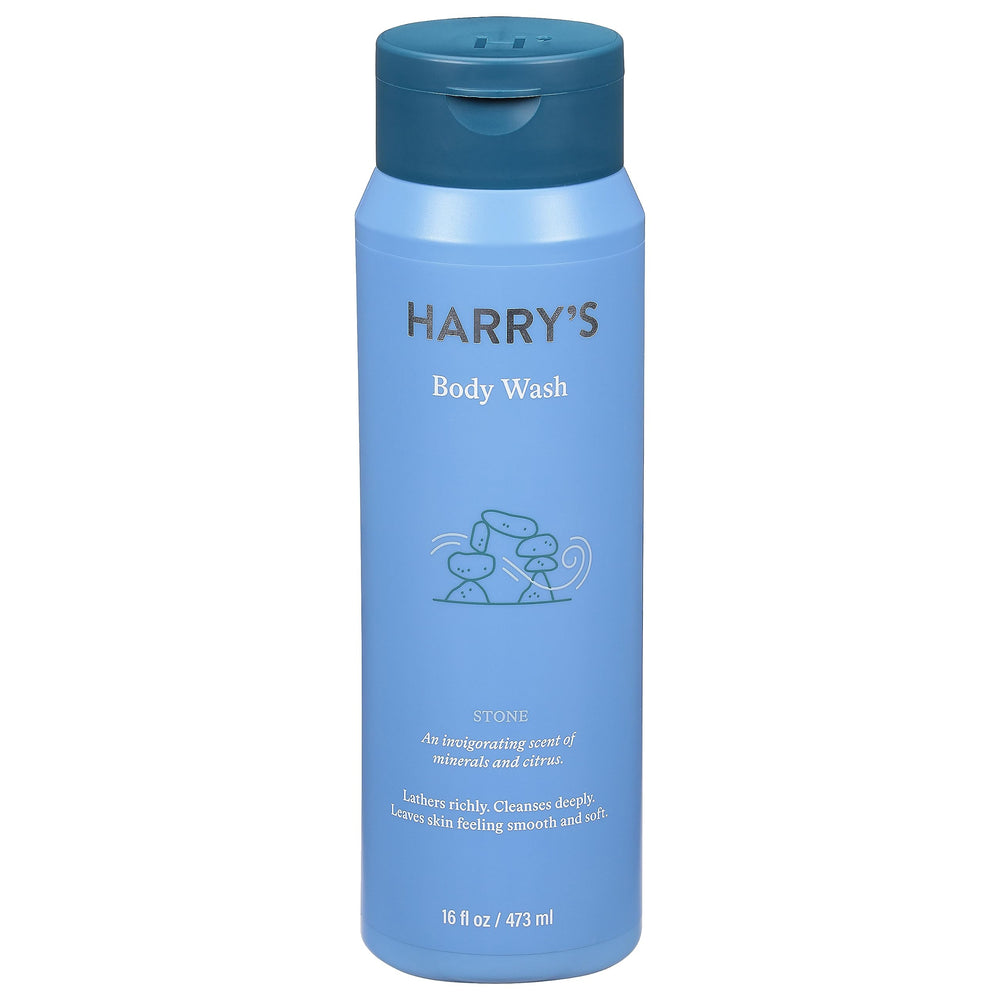 Harry's Stone body wash front packaging showing 16oz bottle and clear label benefit