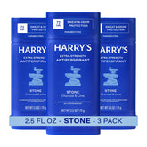 harrys front packaging showing three Stone antiperspirant sticks and benefits