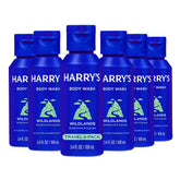 Harry's Wildlands front packaging showing six travel bottles and clear branding benefits