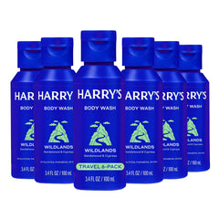 Harry's Wildlands front packaging showing six travel bottles and clear branding benefits