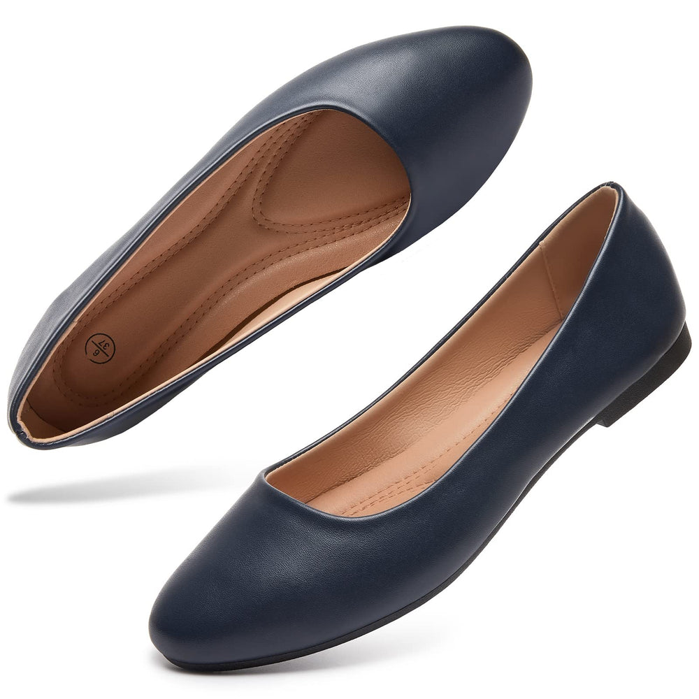hash bubbie navy flats front view showing sleek silhouette and everyday polish