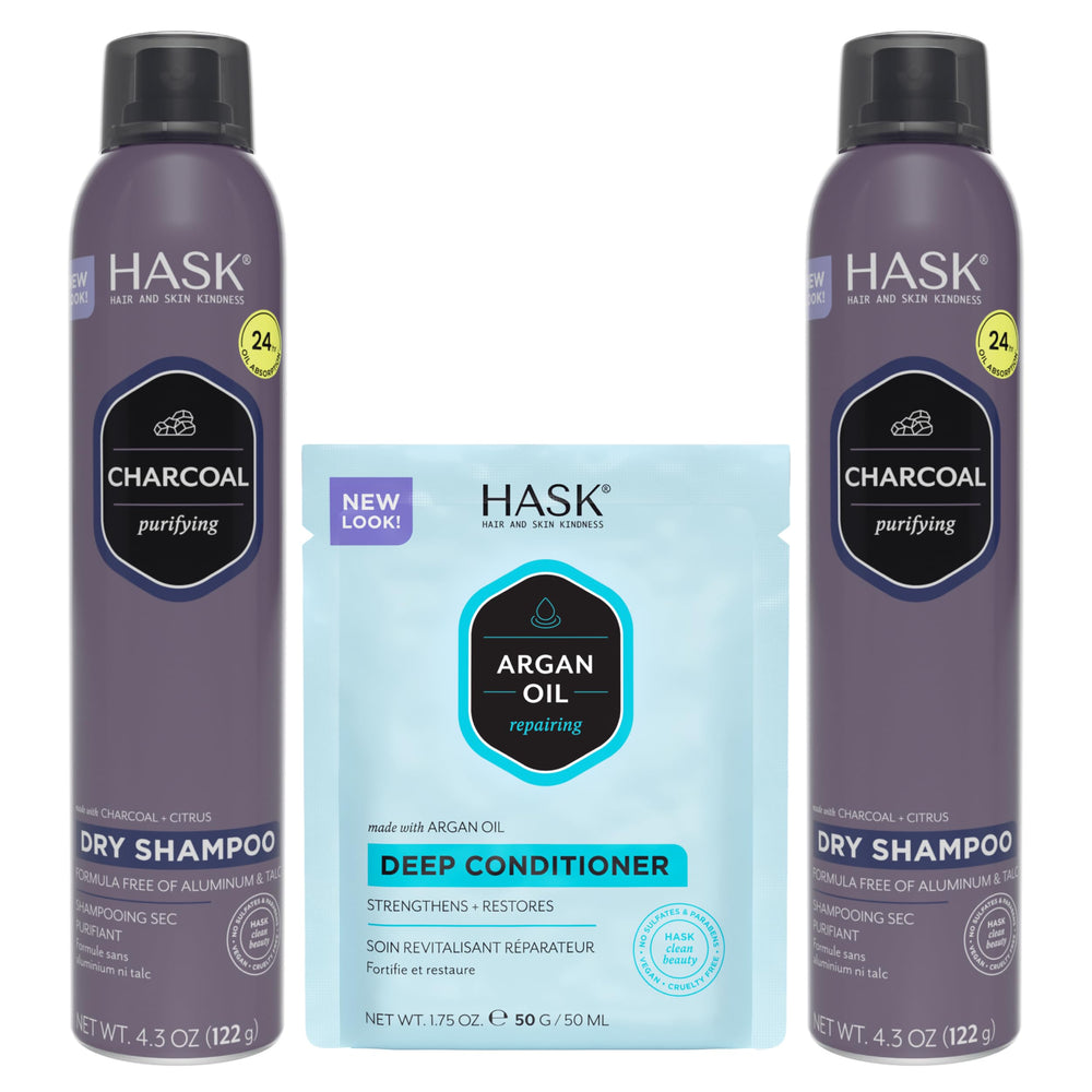 HASK charcoal dry shampoo duo front packaging shows compact travel-ready cans and benefits of oil control