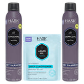 HASK charcoal dry shampoo duo front packaging shows compact travel-ready cans and benefits of oil control