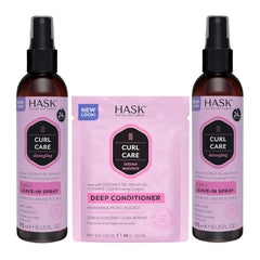 HASK front packaging showing duo leave-in bottles and deep conditioner for easy styling