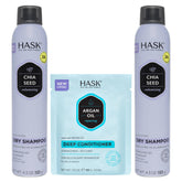 HASK dry shampoo front packaging showing duo cans and benefits