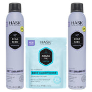 HASK dry shampoo front packaging showing duo cans and benefits