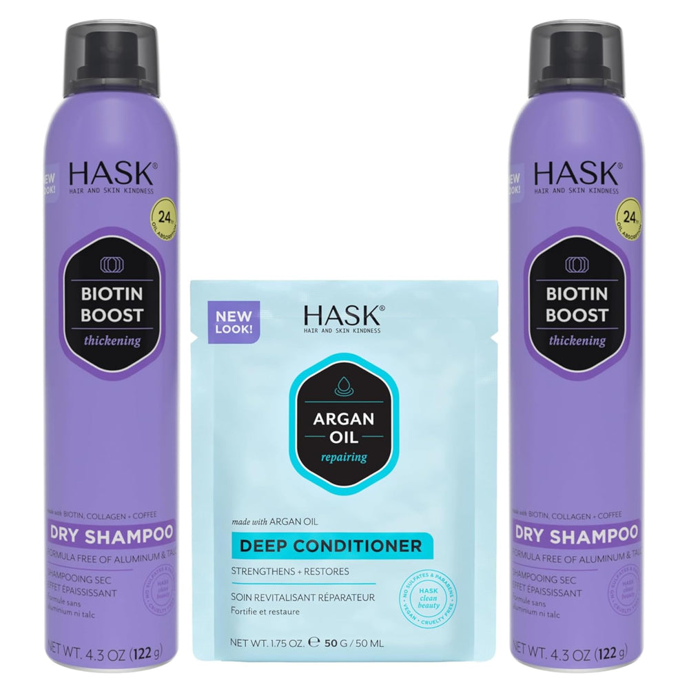 HASK front view of duo kit showing two dry shampoos and conditioner for quick refresh