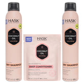 HASK Hydrate Coconut kit front view showing both dry shampoo cans and conditioner sachet for convenience