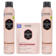 HASK Hydrate Coconut kit front view showing both dry shampoo cans and conditioner sachet for convenience