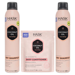 HASK Hydrate Coconut kit front view showing both dry shampoo cans and conditioner sachet for convenience