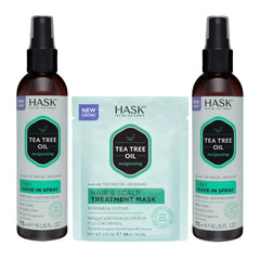 HASK front packaging showing two 6oz leave-in sprays and packette, travel convenience
