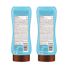 Hawaiian Tropic bottle close-up showing lightweight lotion texture and quick absorption