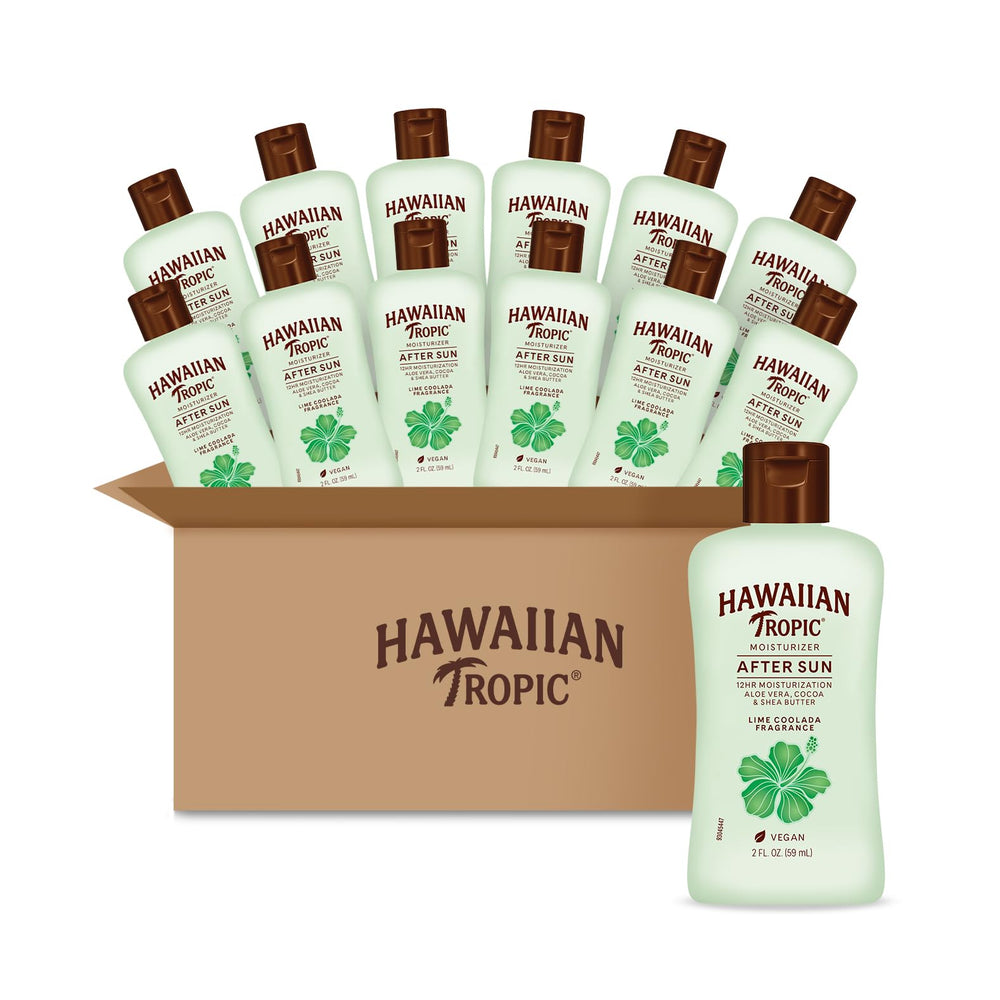 Hawaiian Tropic front packaging showing travel-size bottles and convenience benefit