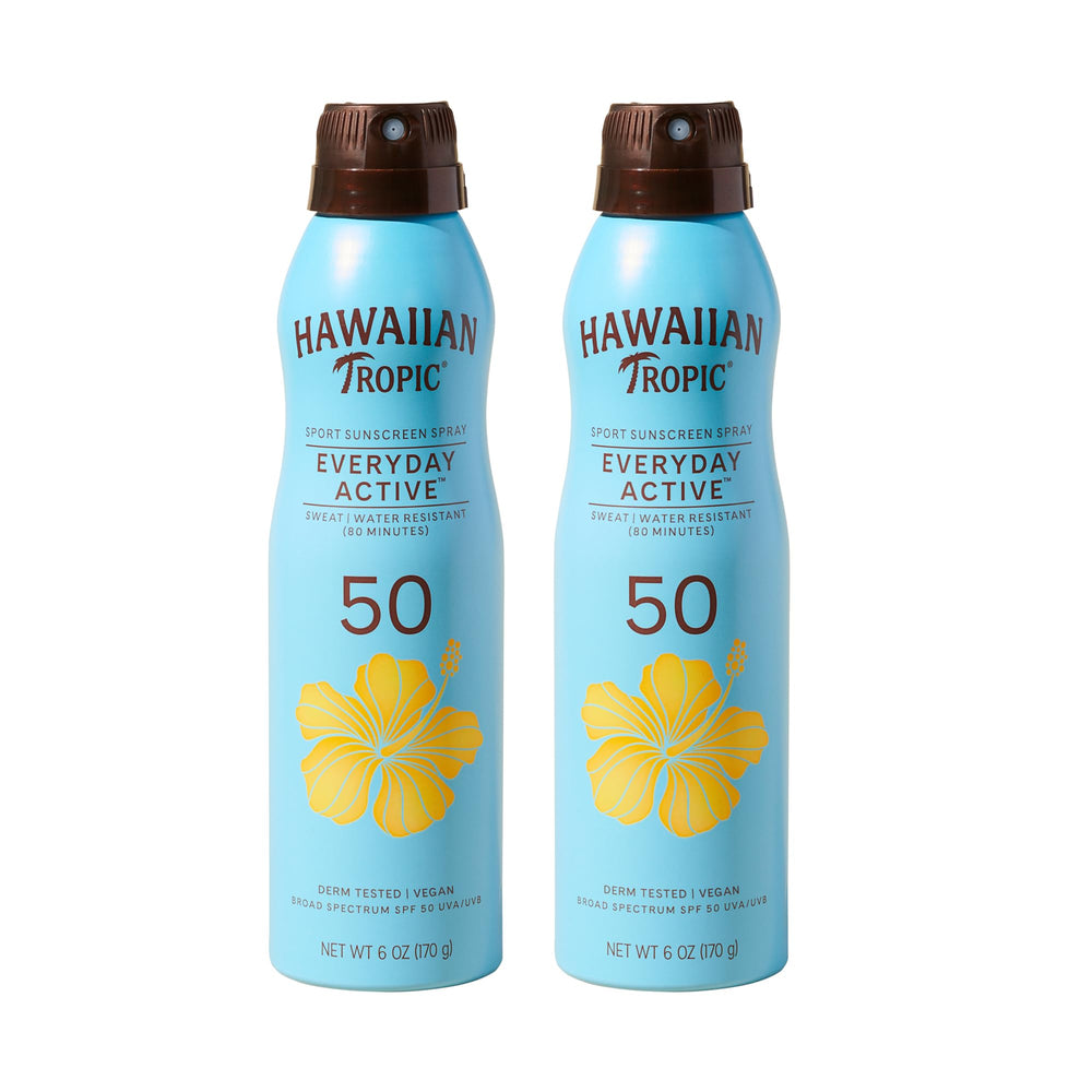 Hawaiian Tropic front packaging showing SPF 50 and spray benefit