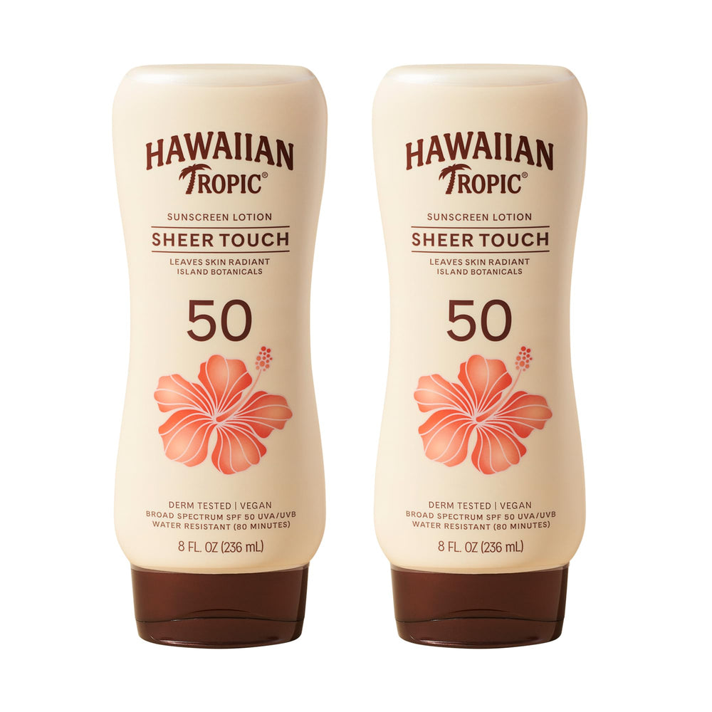 Hawaiian Tropic front packaging showing SPF 50 and radiant finish