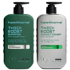 Hawthorne front packaging of thickening shampoo and conditioner showing product details and benefits
