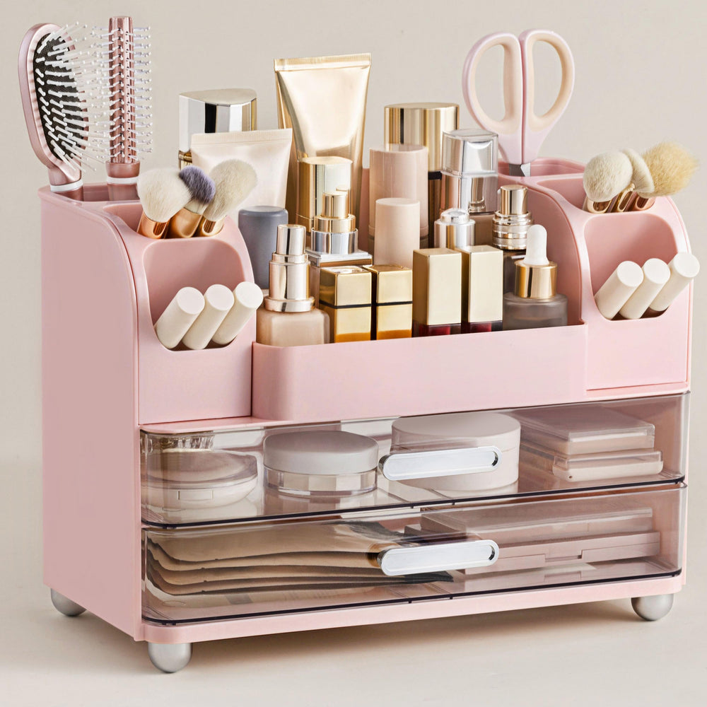 HBlife front view pink organizer showing tidy cosmetics and easy access