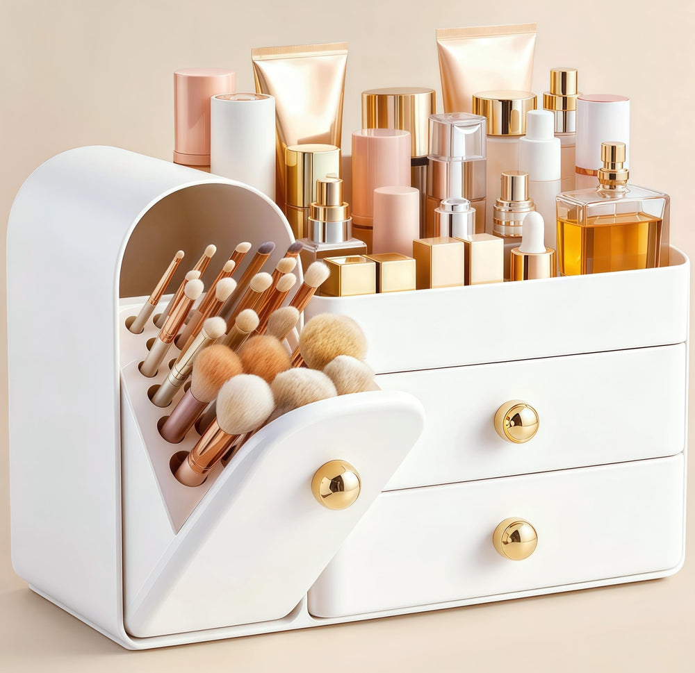 HBlife front view showing organized makeup and compact footprint benefit