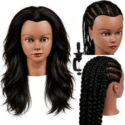 headdoll front view with stand showing full 14-inch hair for realistic practice
