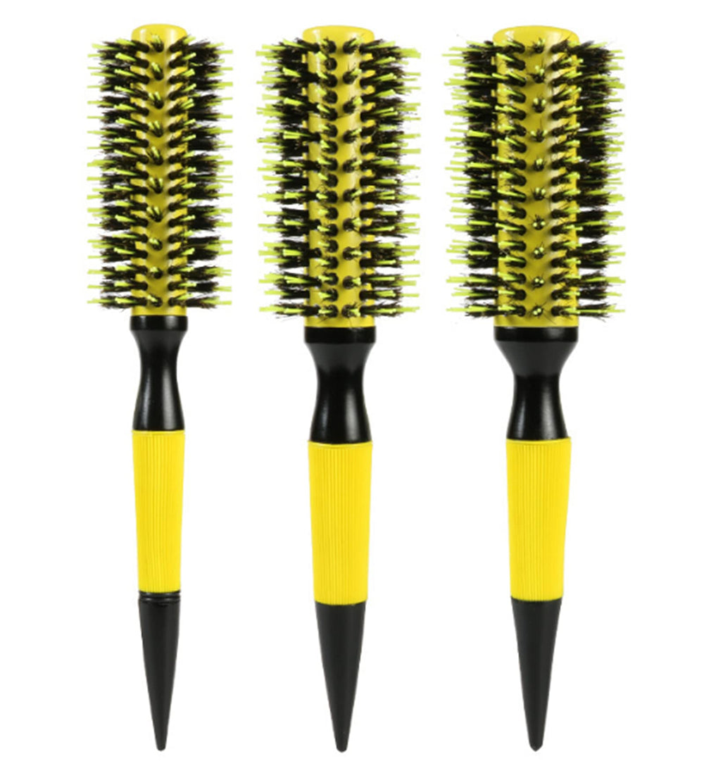 Healthcom front view of three yellow round barrel brushes showing compact set and convenience