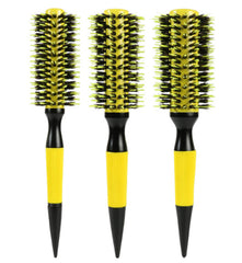 Healthcom front view of three yellow round barrel brushes showing compact set and convenience