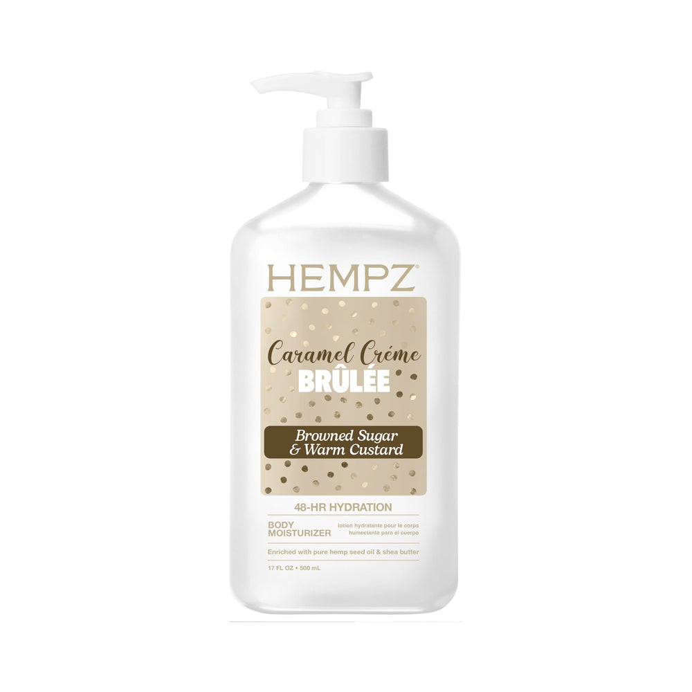 Hempz front bottle view showing label and caramel crème brûlée scent benefit
