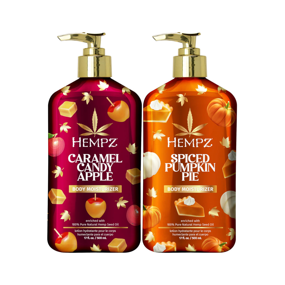 Hempz front-facing duo bottles showing pumpkin and caramel apple benefits