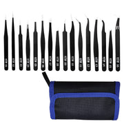 HengTianMei front view of full 16-piece tweezers set showing organized layout and benefits