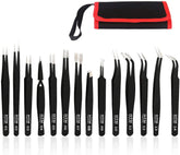 HengTianMei front view of 14-piece tweezer set showing case and tools, organized for convenience