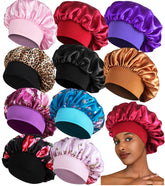 Heniho front view of ten satin bonnets showing colors and packaging benefit protection