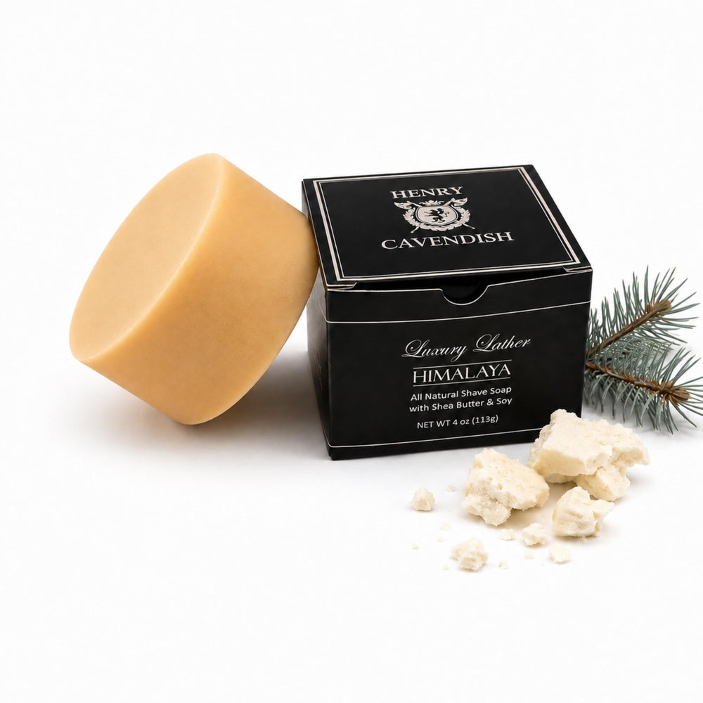 Henry Cavendish front packaging showing premium shaving soap puck and branding benefit