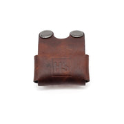 Henson Shaving front view of brown leather sheath protecting razor head, polished look