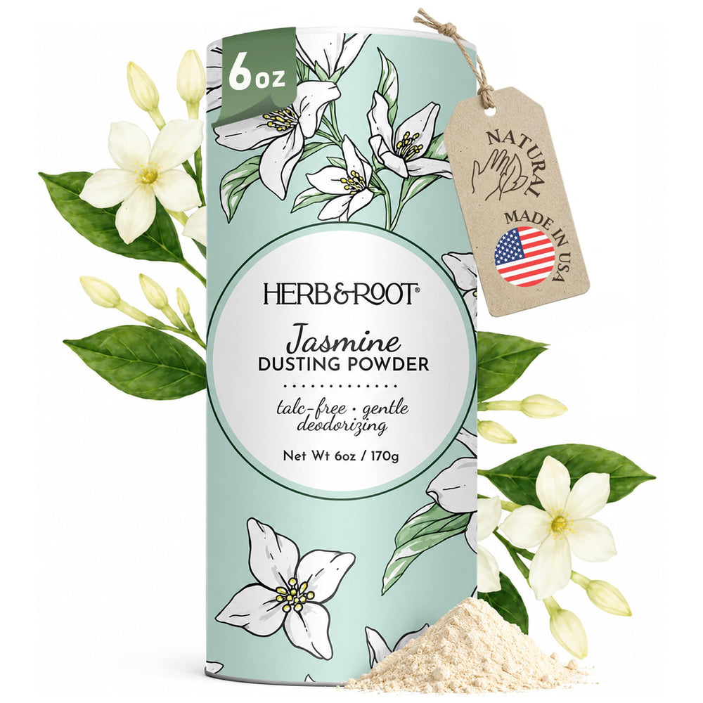 Herb & Root front canister showing rose scent and generous 6 oz size benefit
