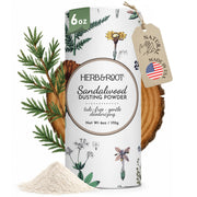 Herb & Root front canister showing sandalwood label and larger 6 oz benefit