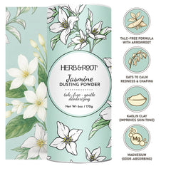 Herb & Root vanilla canister label highlighting fragrance and talc-free formula