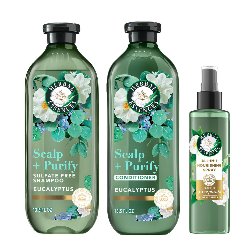 Herbal Essences front packaging showing trio and refreshing eucalyptus scent