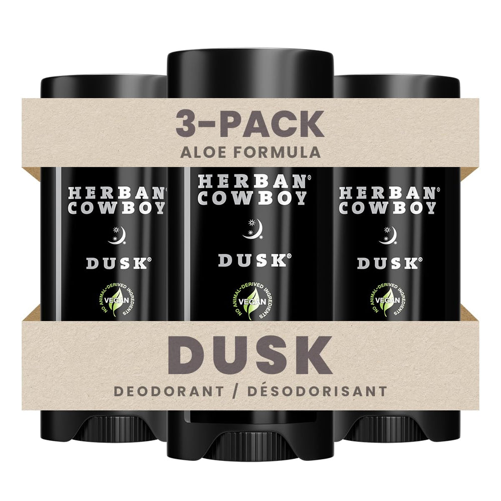 Herban Cowboy front packaging showing three DUSK deodorant sticks, convenient multi-pack