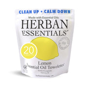 Herban Essentials front packaging showing 20-count lemon wipes for travel convenience