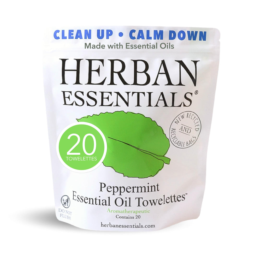 Herban Essentials front packet image showing peppermint wipe packaging and convenience
