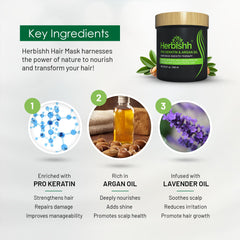Herbishh argan oil and keratin ingredients flatlay highlighting nourishing components