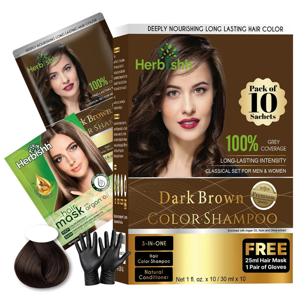 Herbishh front packaging showing dark brown travel sachets and benefit quick coverage