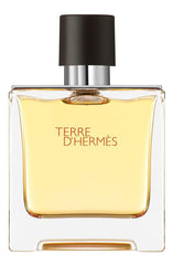 Hermès Terre d'Hermès front bottle showing elegant glass and warm color for refined presence