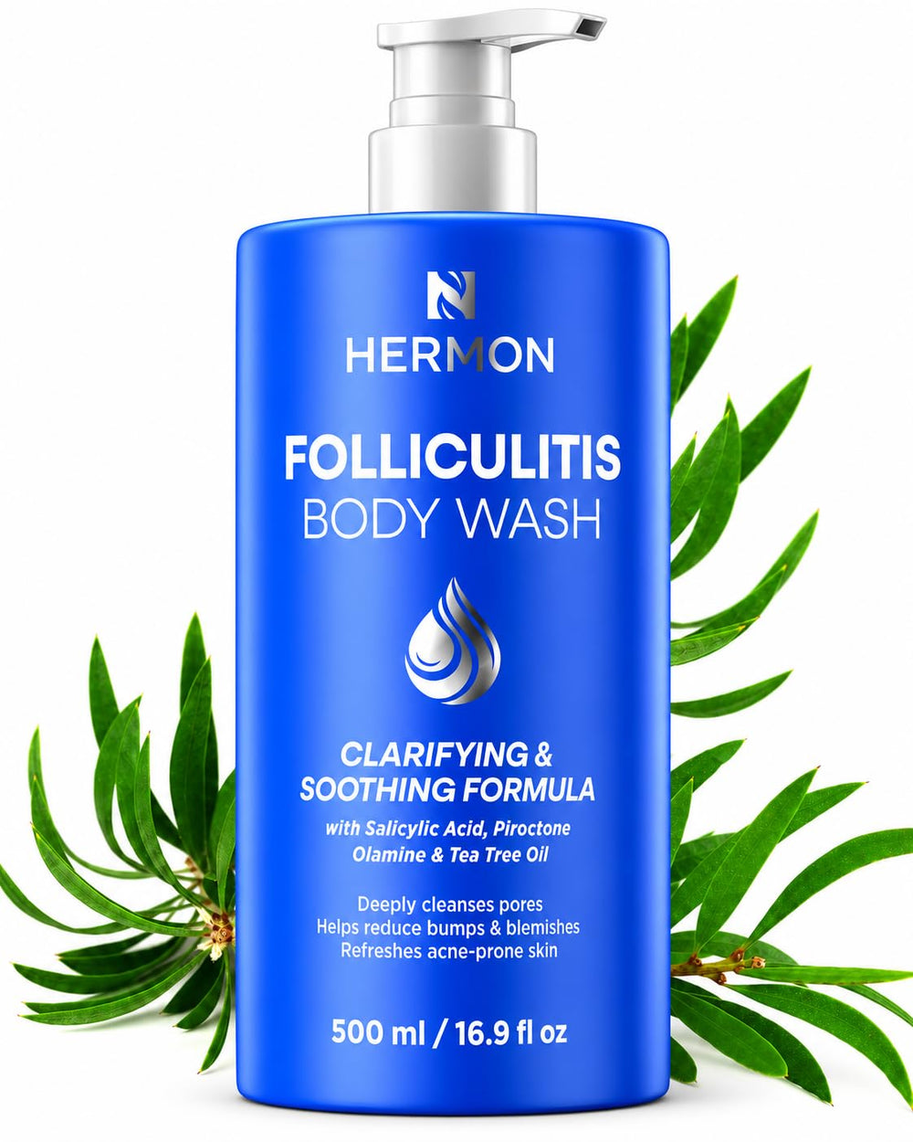 Hermon bottle front view showing clean packaging and benefit of clarifying wash